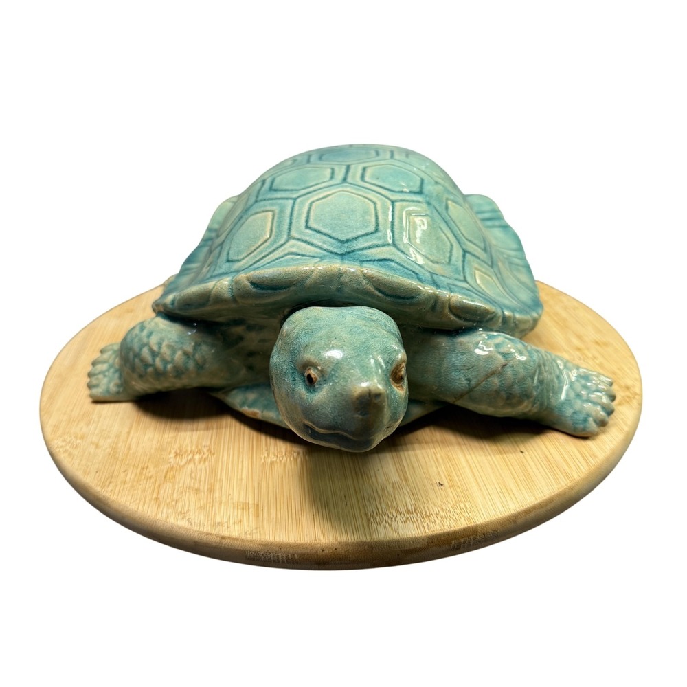 Ceramic Turtle Tortoise Statue Figurine Glazed Teal Celadon Crackle‎ Large Decor